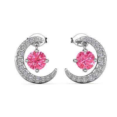 Aretes con piedra natal Luna, chapados en oro blanco de 18 k y cristales de talla redonda
