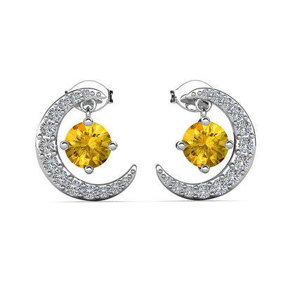 Aretes con piedra natal Luna, chapados en oro blanco de 18 k y cristales de talla redonda