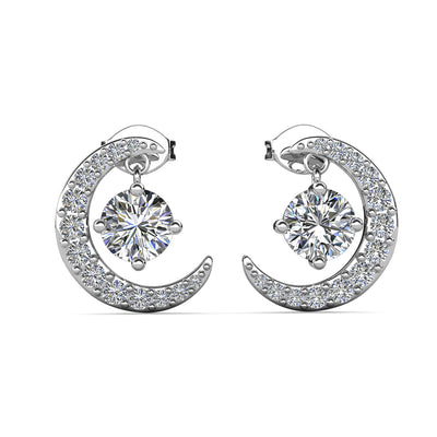 Aretes con piedra natal Luna, chapados en oro blanco de 18 k y cristales de talla redonda