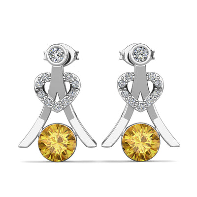Aretes de citrino con piedra natal de noviembre Serenity, aretes de plata bañados en oro blanco de 18 k con cristales de talla redonda