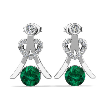 Aretes de esmeralda con piedra natal de Serenity May, aretes de plata bañados en oro blanco de 18 k con cristales de talla redonda