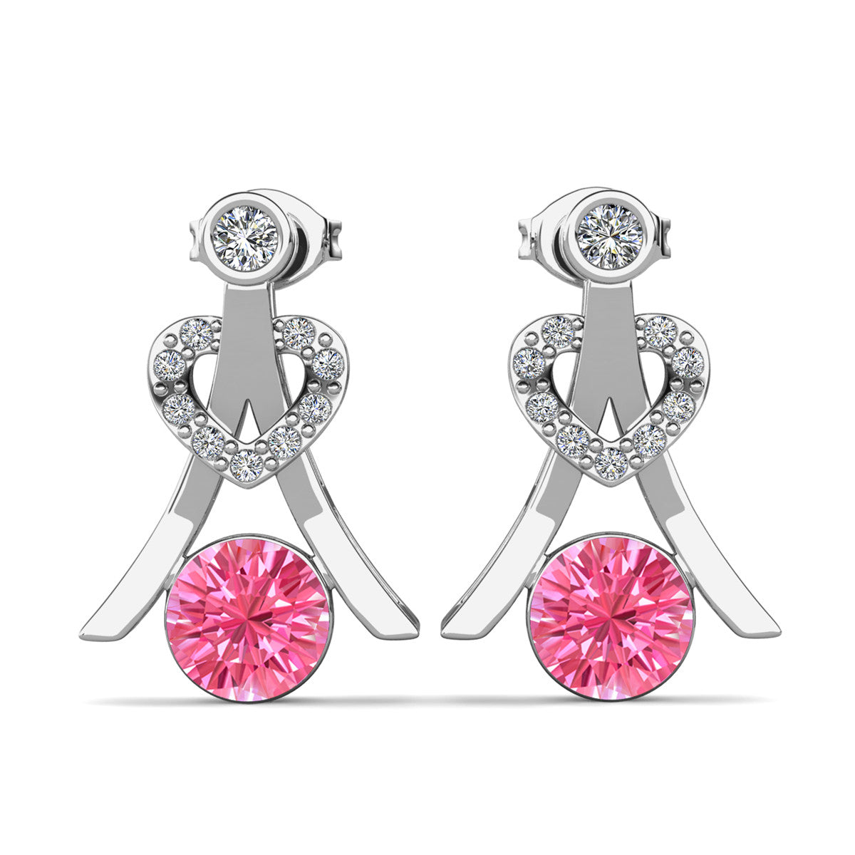 Serenity October Birthstone Pink Tourmaline Earrings, 18k White Gold Plated Silver Earrings with Round Cut Crystals