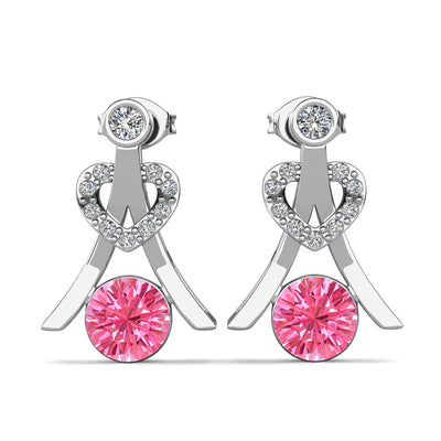 Pendientes de turmalina rosa con piedra natal de octubre Serenity, pendientes de plata bañados en oro blanco de 18 k con cristales de talla redonda