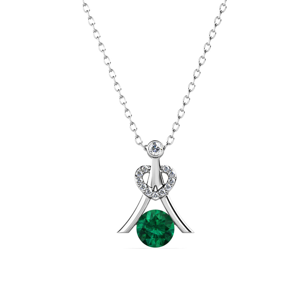宁静五月诞生石祖母绿项链，镀 18k 白金银项链，圆形切割水晶