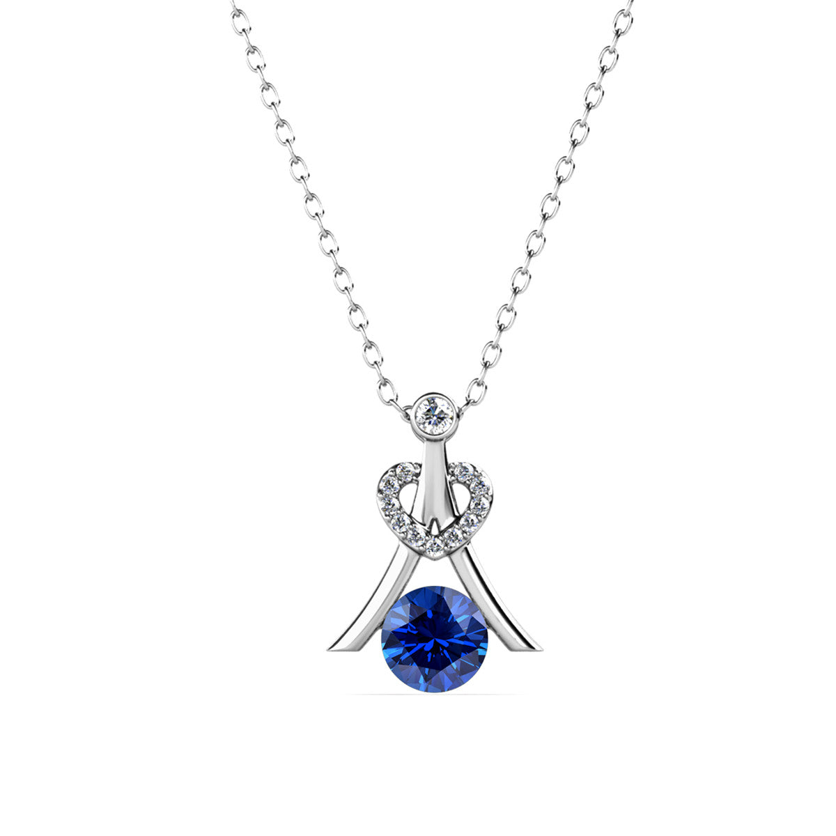 宁静九月诞生石蓝宝石项链，镀 18k 白金银项链，圆形切割水晶