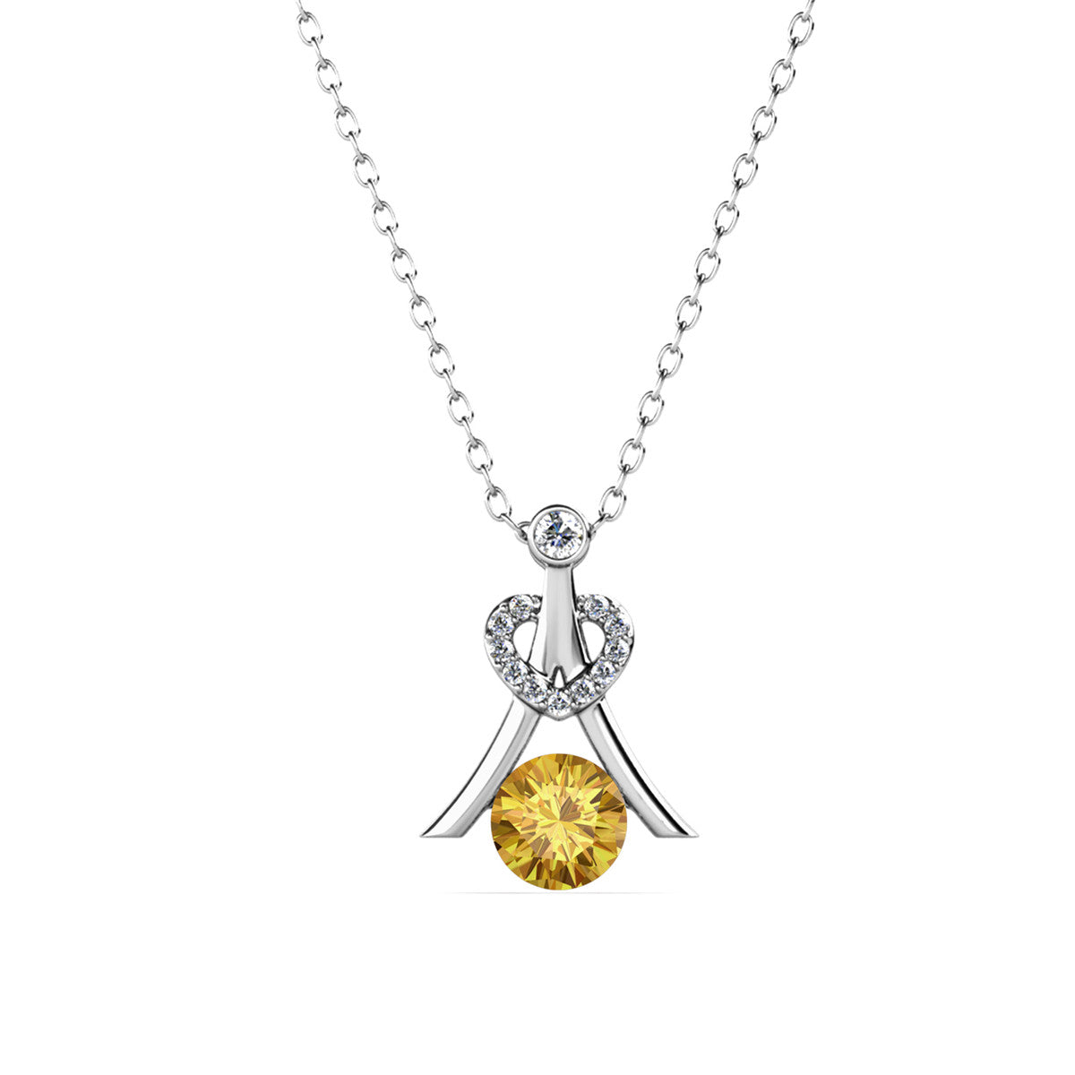 Serenity 十一月生日石黄水晶项链，18k 镀白金银项链，圆形切割水晶