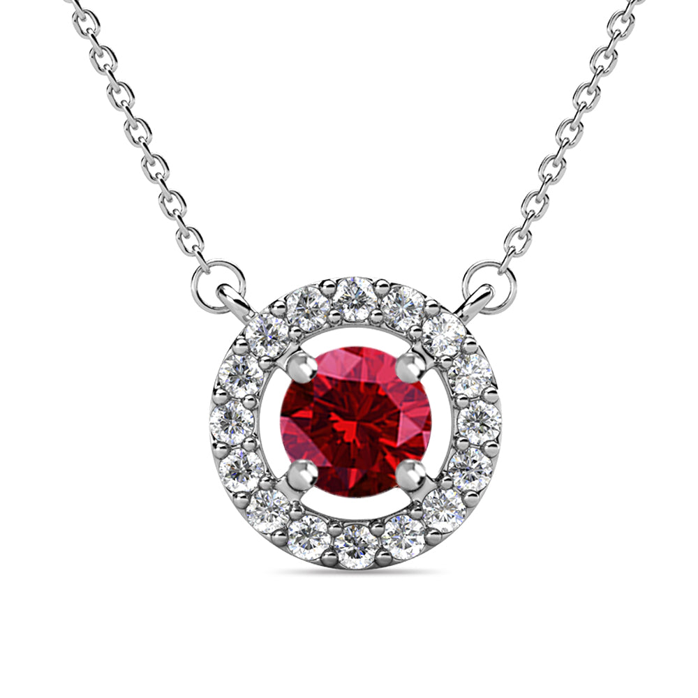 Royal January Birthstone Garnet Necklace, 18k White Gold Plated Silver Halo Necklace with Round Cut Crystal