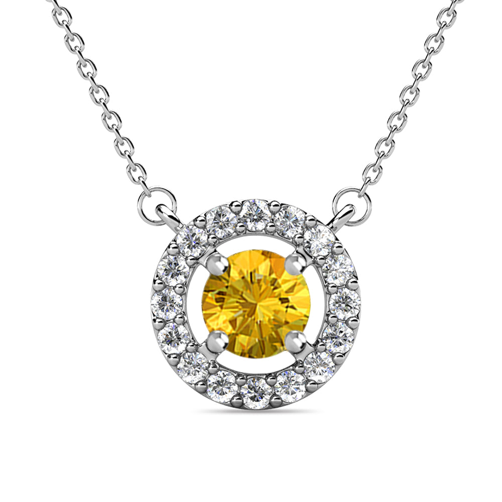 Royal November Birthstone Citrine Necklace, 18k White Gold Plated Silver Halo Necklace with Round Cut Crystal