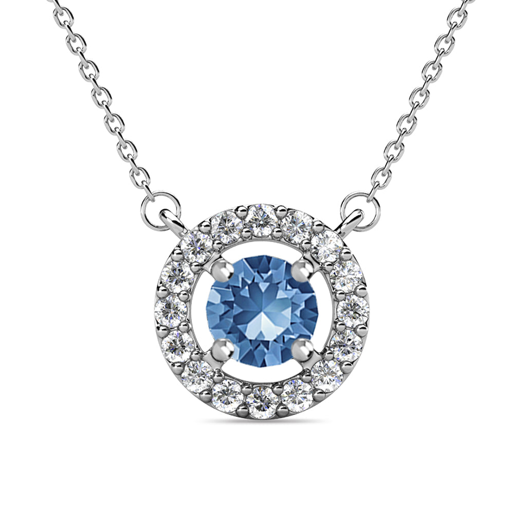 皇家十二月生日石蓝色托帕石项链，镀 18k 白金银色光环项链，圆形切割水晶