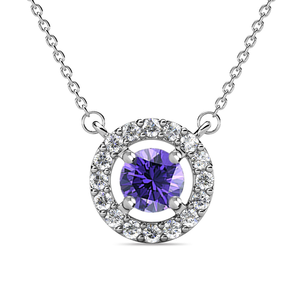 皇家二月生日石紫水晶项链，18k 镀白金银色光环项链，圆形切割水晶