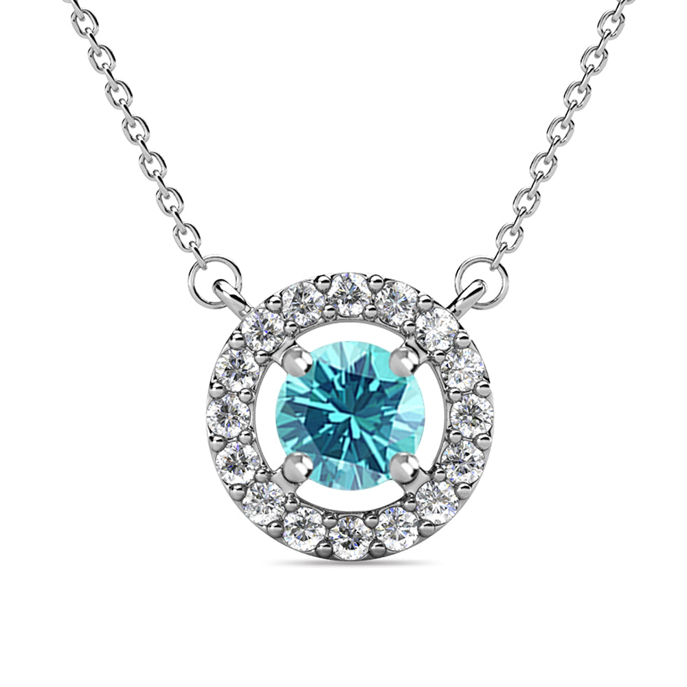 皇家三月生日石海蓝宝石项链，18k 镀白金银色光环项链，圆形切割水晶