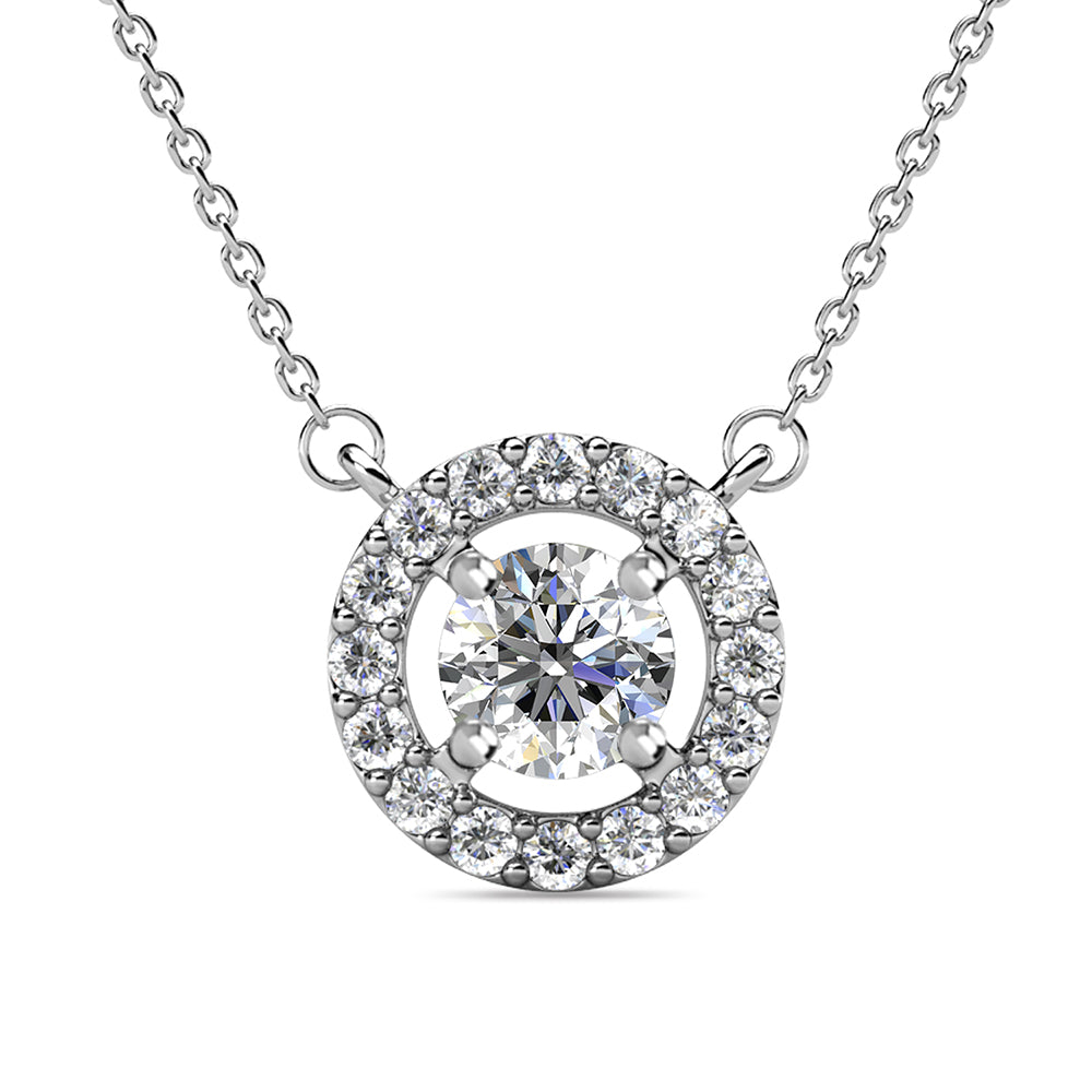 Royal April Birthstone Diamond Necklace, 18k White Gold Plated Silver Halo Necklace with Round Cut Crystal