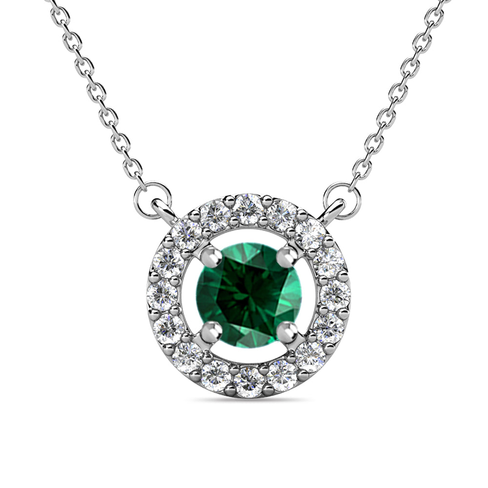 Royal May Birthstone Emerald Necklace, 18k White Gold Plated Silver Halo Necklace with Round Cut Crystal