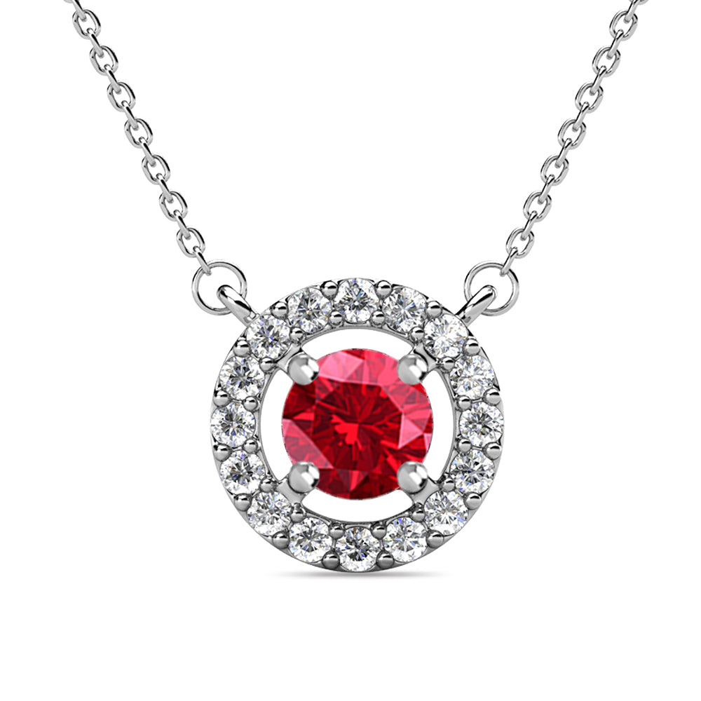 Royal July Birthstone Ruby Necklace, 18k White Gold Plated Silver Halo Necklace with Round Cut Crystal