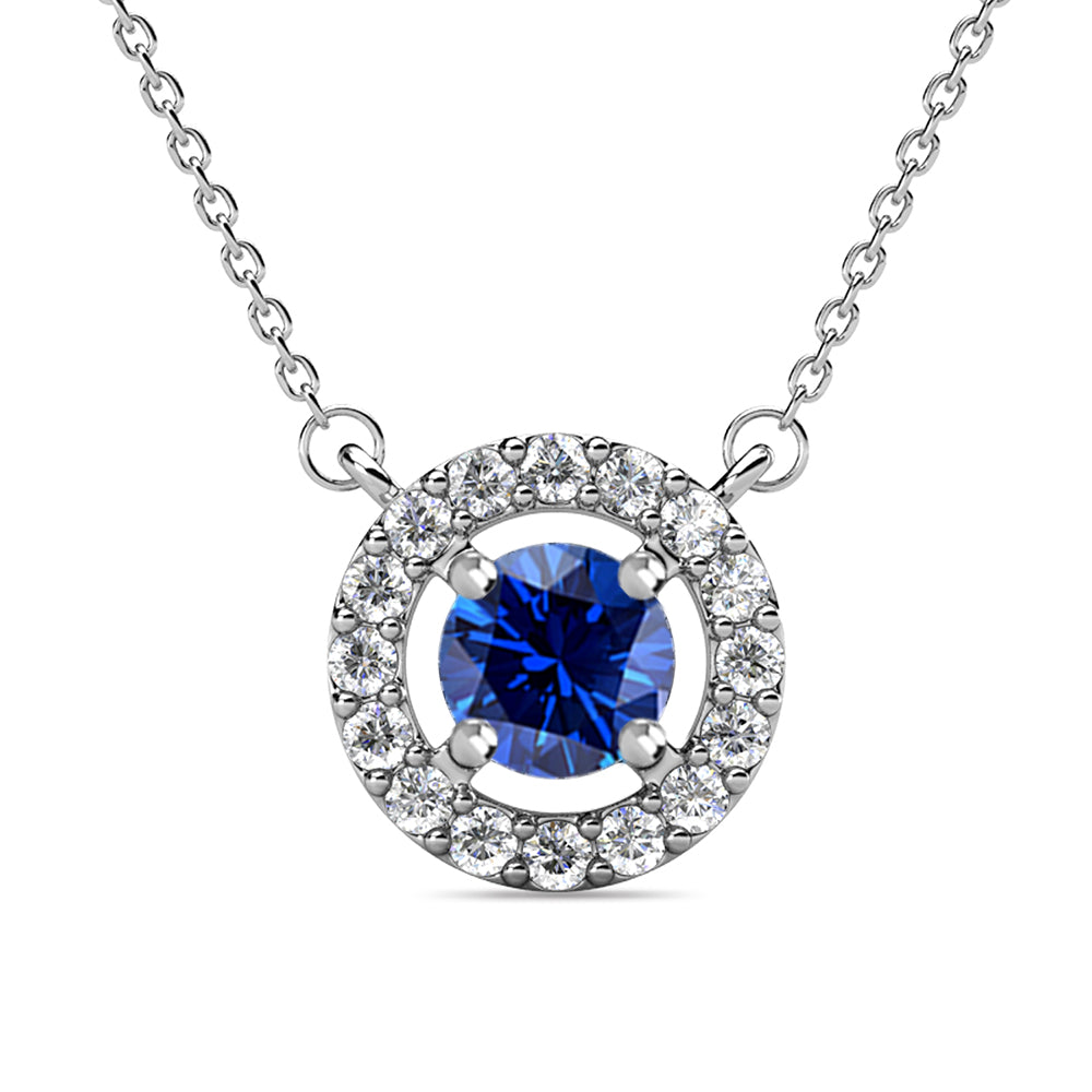 Royal September Birthstone Sapphire Necklace, 18k White Gold Plated Silver Halo Necklace with Round Cut Crystal
