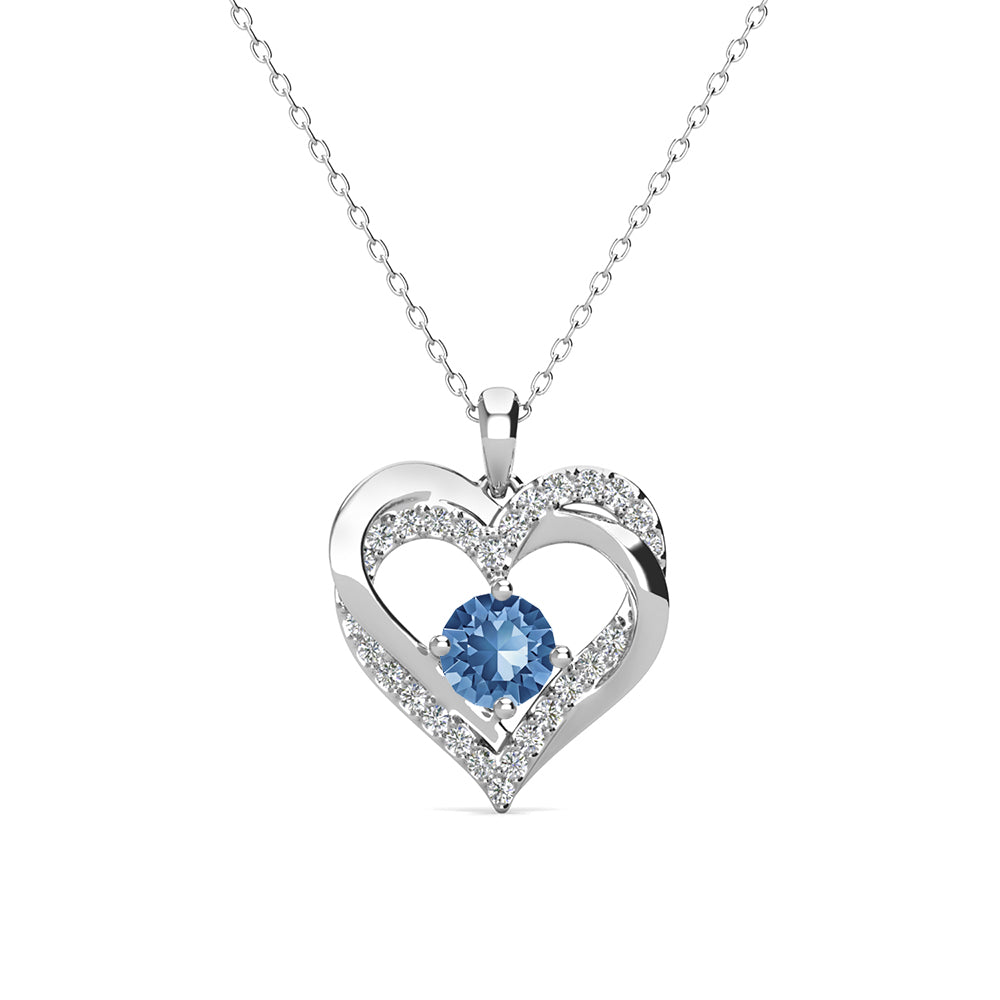 永远的十二月生日石蓝色托帕石项链，镀 18k 白金银色双心形水晶项链