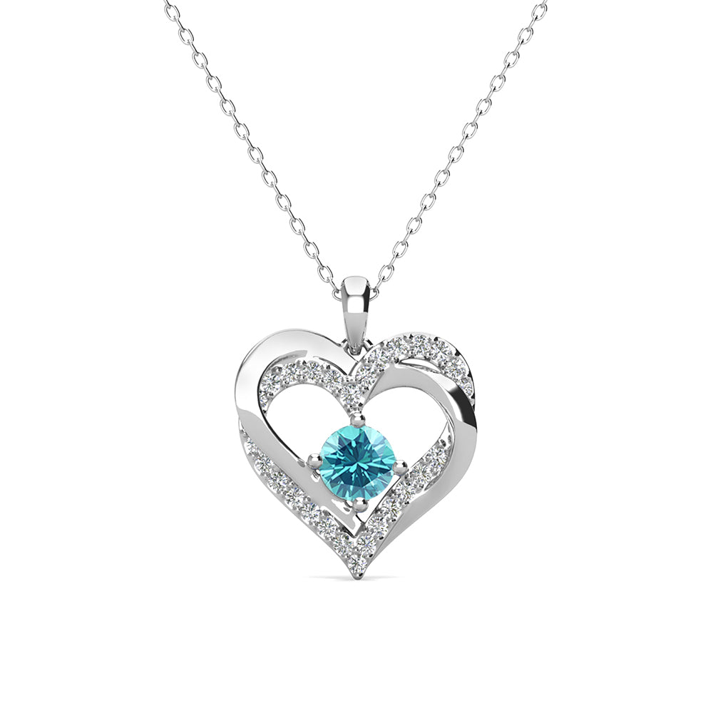 永远三月诞生石海蓝宝石项链，镀 18k 白金银色双心形水晶项链