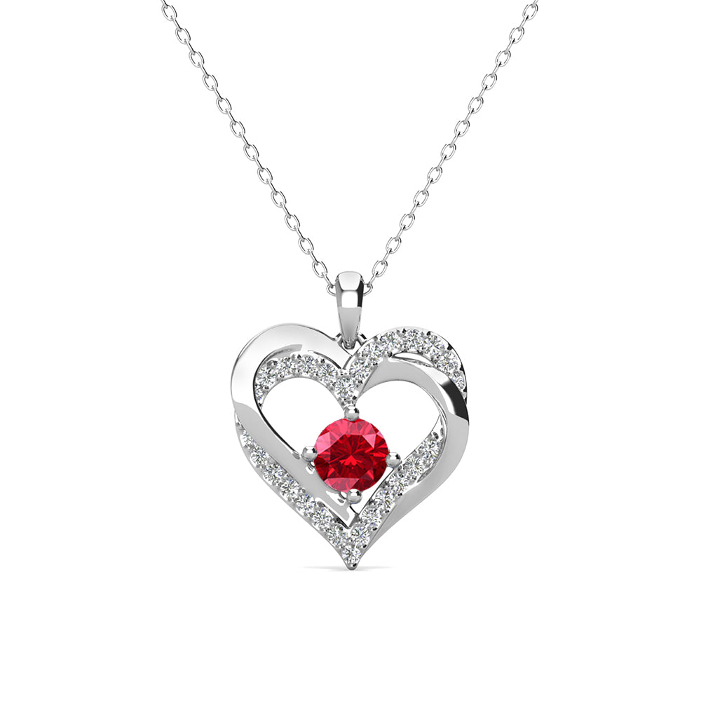 Forever July Birthstone Ruby Necklace, 18k White Gold Plated Silver Double Heart Crystal Necklace
