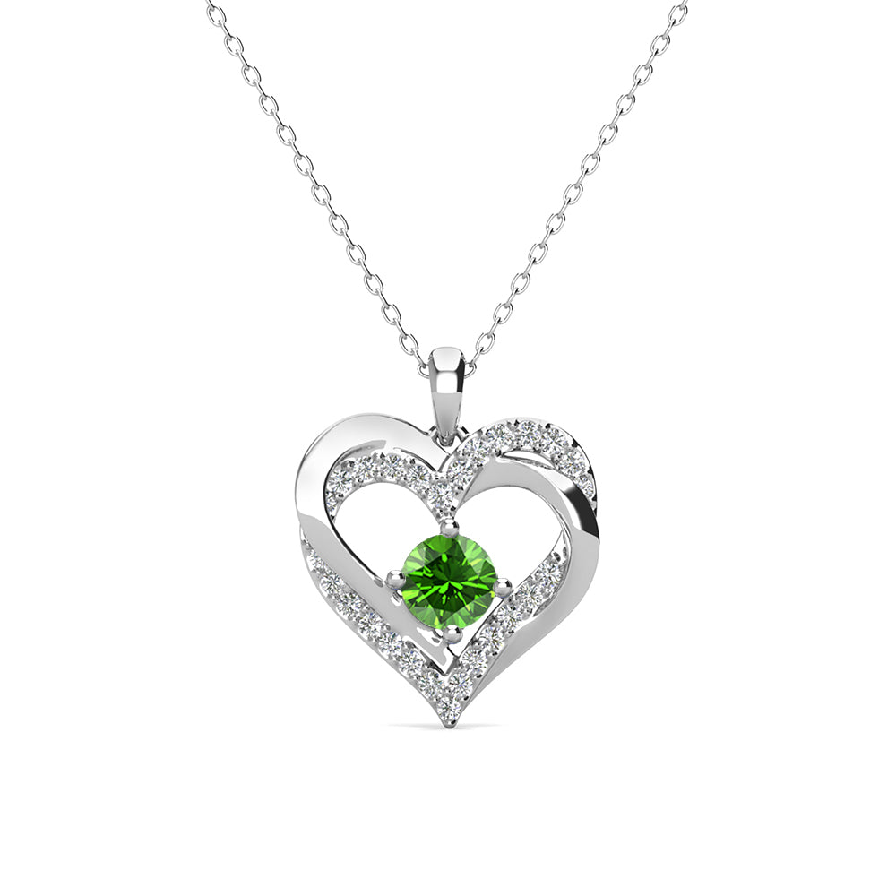 Forever August Birthstone Peridot Necklace, 18k White Gold Plated Silver Double Heart Crystal Necklace