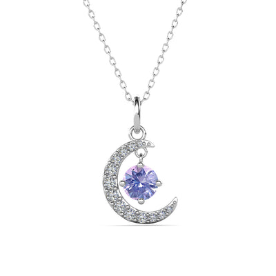 Collar con Piedra Natal Luna Chapado en Oro Blanco de 18k con Cristales de Talla Redonda