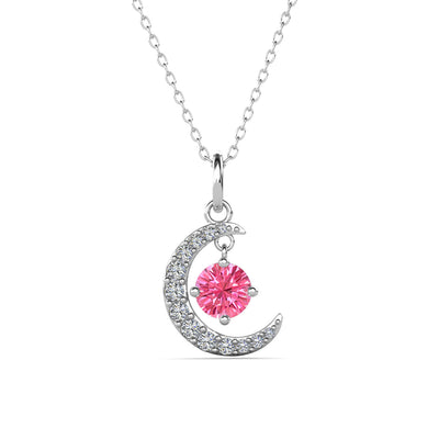 Collar con Piedra Natal Luna Chapado en Oro Blanco de 18k con Cristales de Talla Redonda
