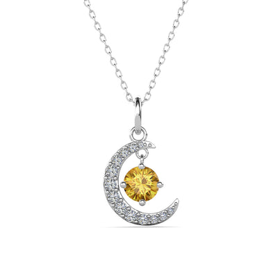 Collar con Piedra Natal Luna Chapado en Oro Blanco de 18k con Cristales de Talla Redonda
