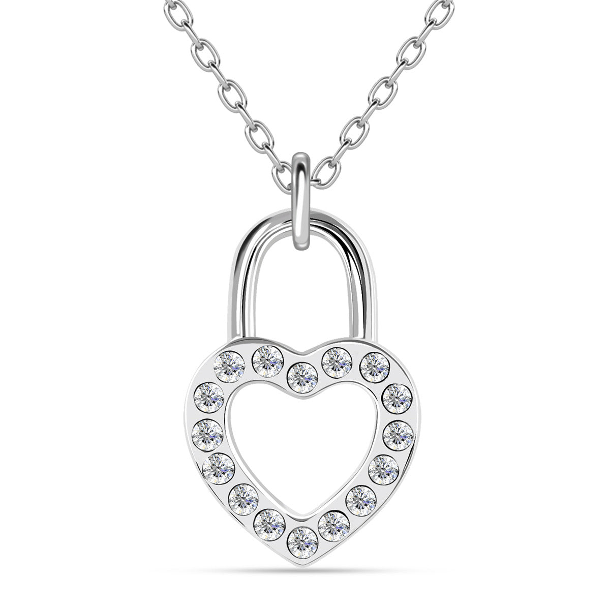 Janelle 18k White Gold Plated Heart Padlock Pendant Necklace with Swarovski Crystals