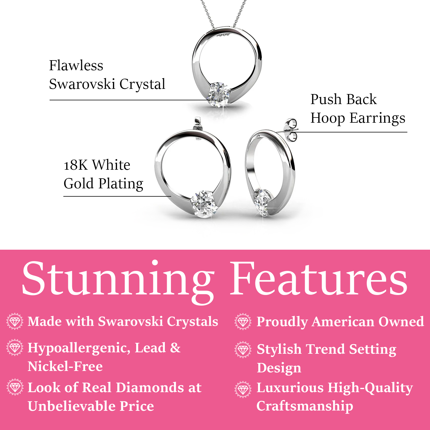 Dahlia 18k White Gold Plated Necklace  and Earrings Jewelry Set with Simulated Diamond Crystal