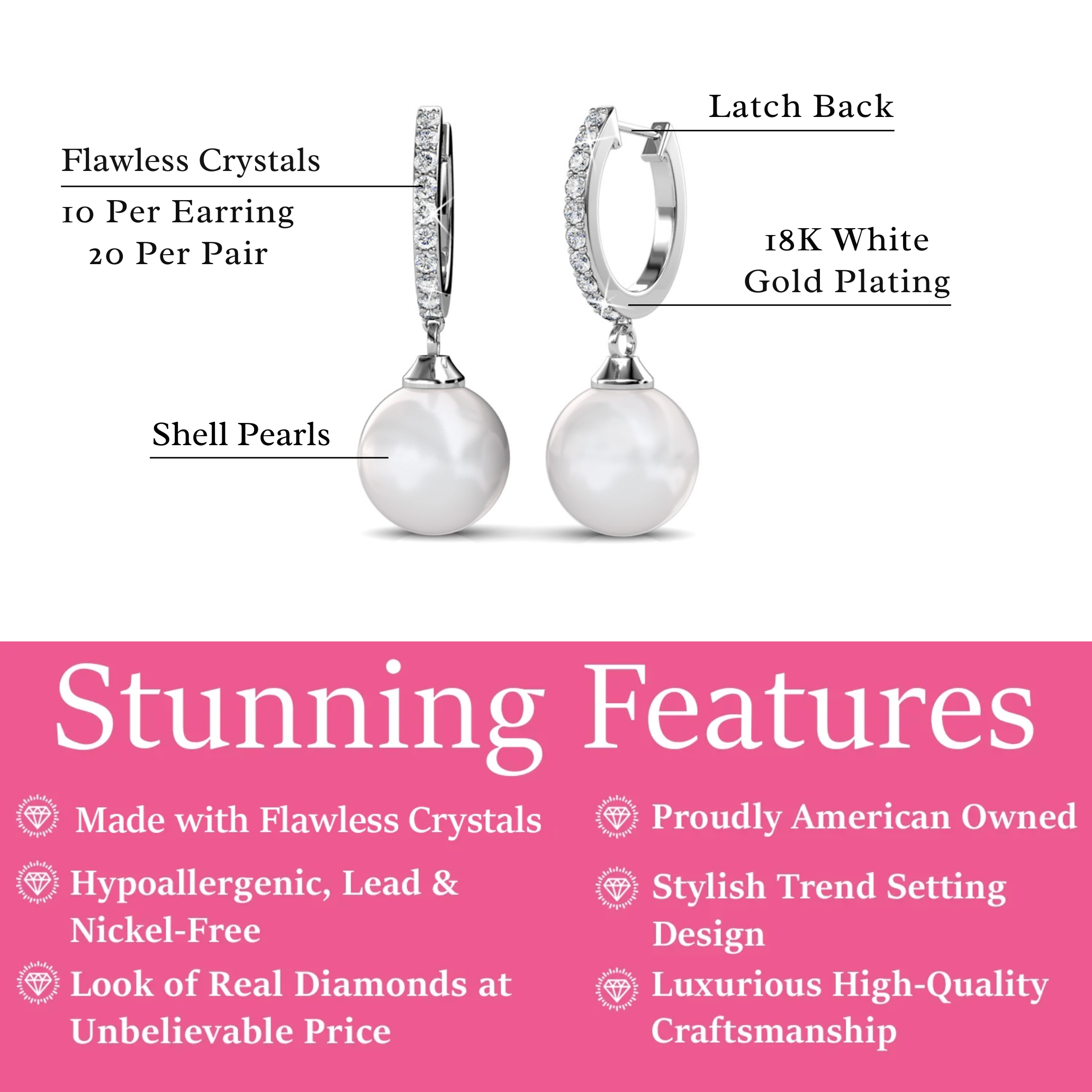 Daphne 18K White Gold Plated Pearl Dangle Earrings with Swarovski Crystals