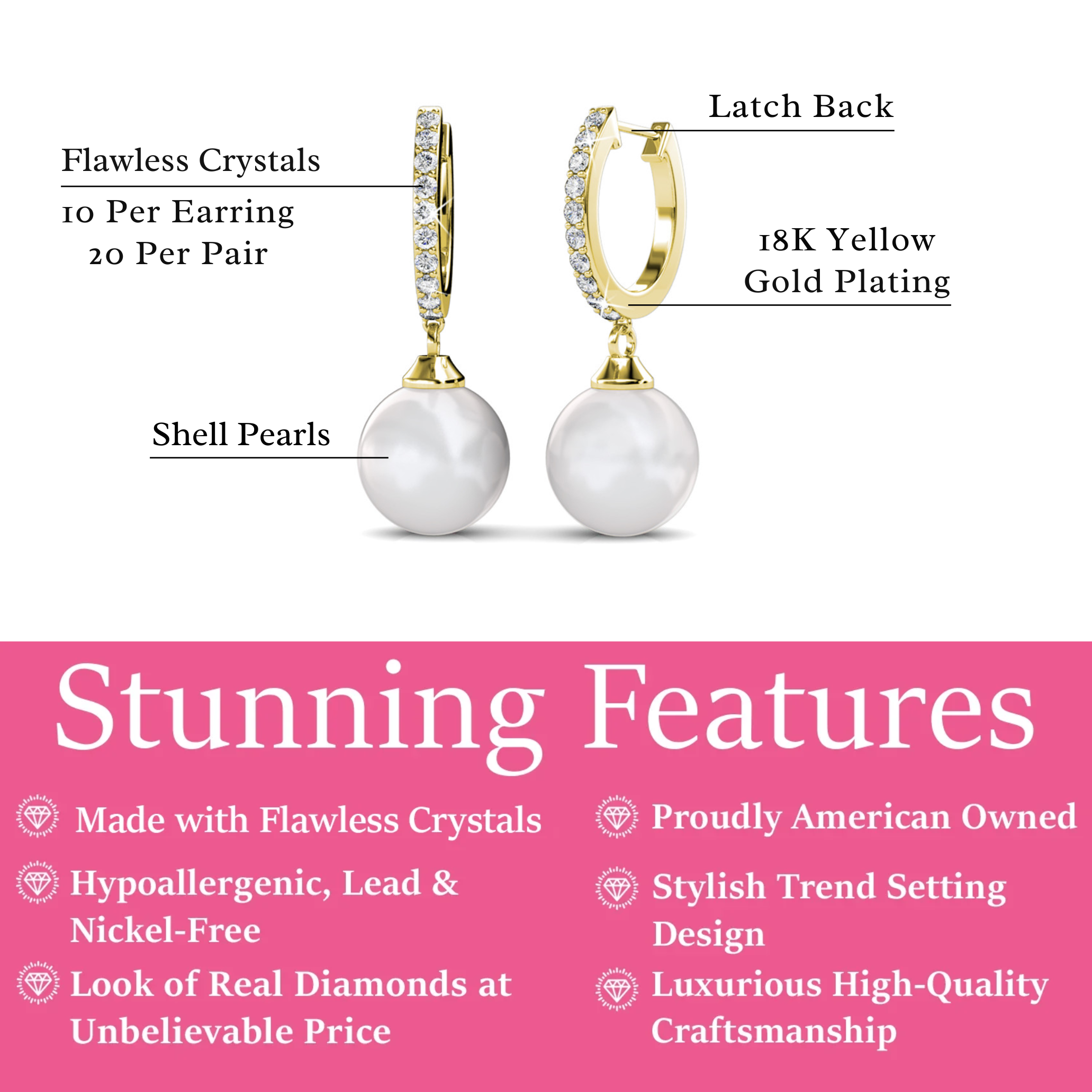 Daphne 18K White Gold Plated Pearl Dangle Earrings with Swarovski Crystals