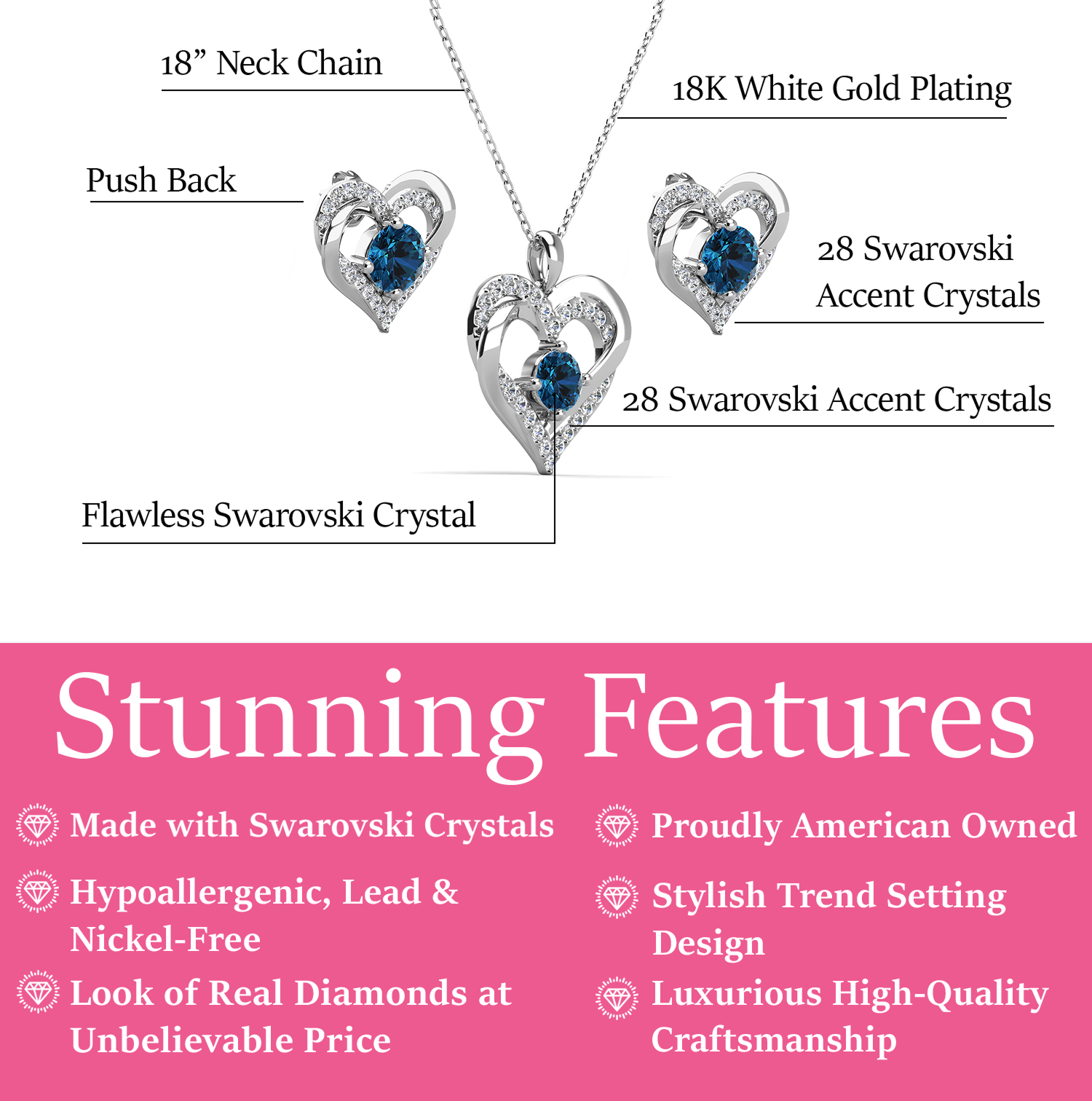 Forever Birthstone 18k White Gold Plated Silver Double Heart Earrings and Necklace Set with Swarovski Crystals