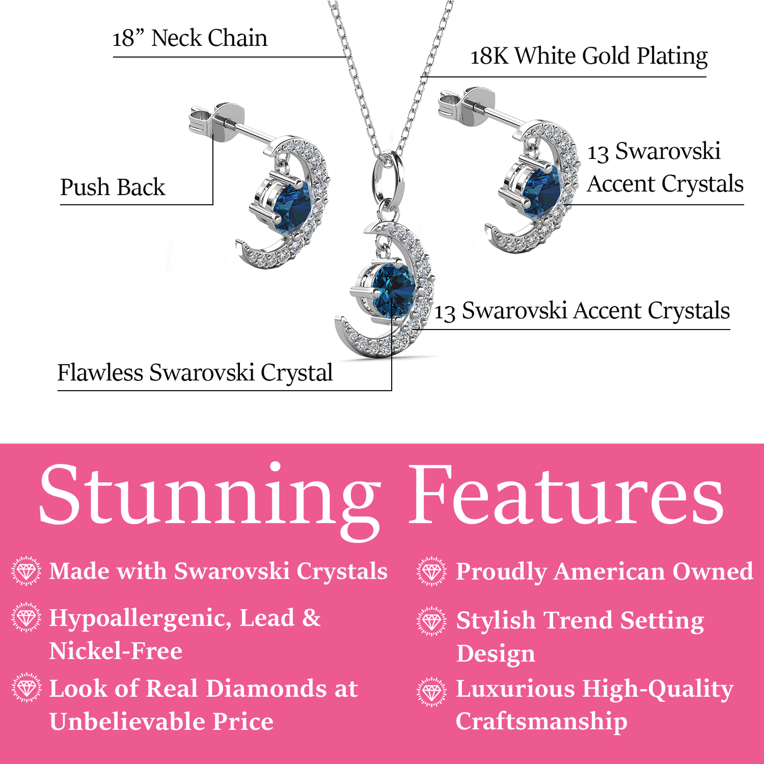 Luna Birthstone 18k White Gold Plated Silver Crescent Earrings and Necklace Set with Swarovski Crystals