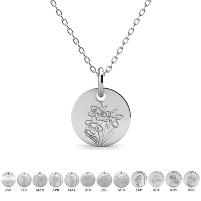 Floral 18k White Gold Plated Engraved Birth Month Flower Pendant Necklace - December - Narcissus