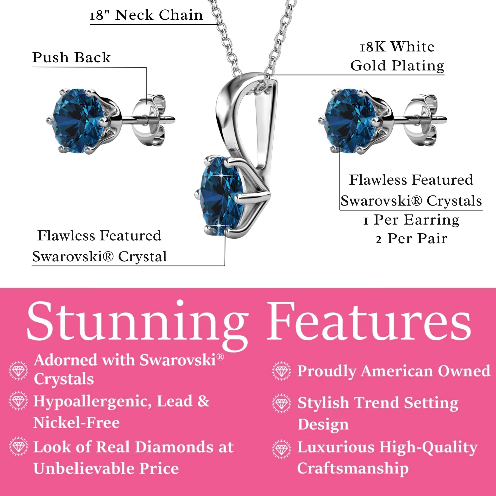 Birthstone 18k White Gold Plated Stud Earrings and Necklace Set with 1ct Swarovski Crystals
