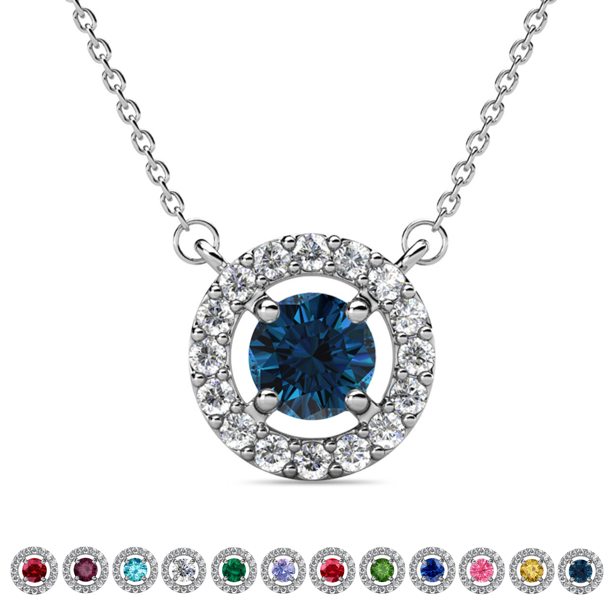 Royal Birthstone 18k White Gold Plated Halo Necklace with Round Cut Swarovski Crystals