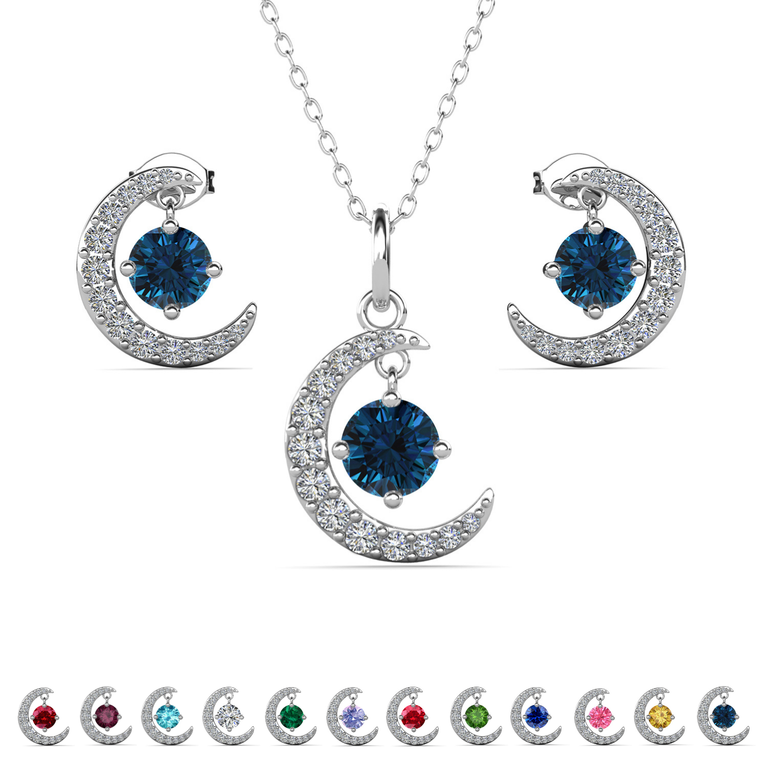 Luna Birthstone 18k White Gold Plated Silver Crescent Earrings and Necklace Set with Swarovski Crystals