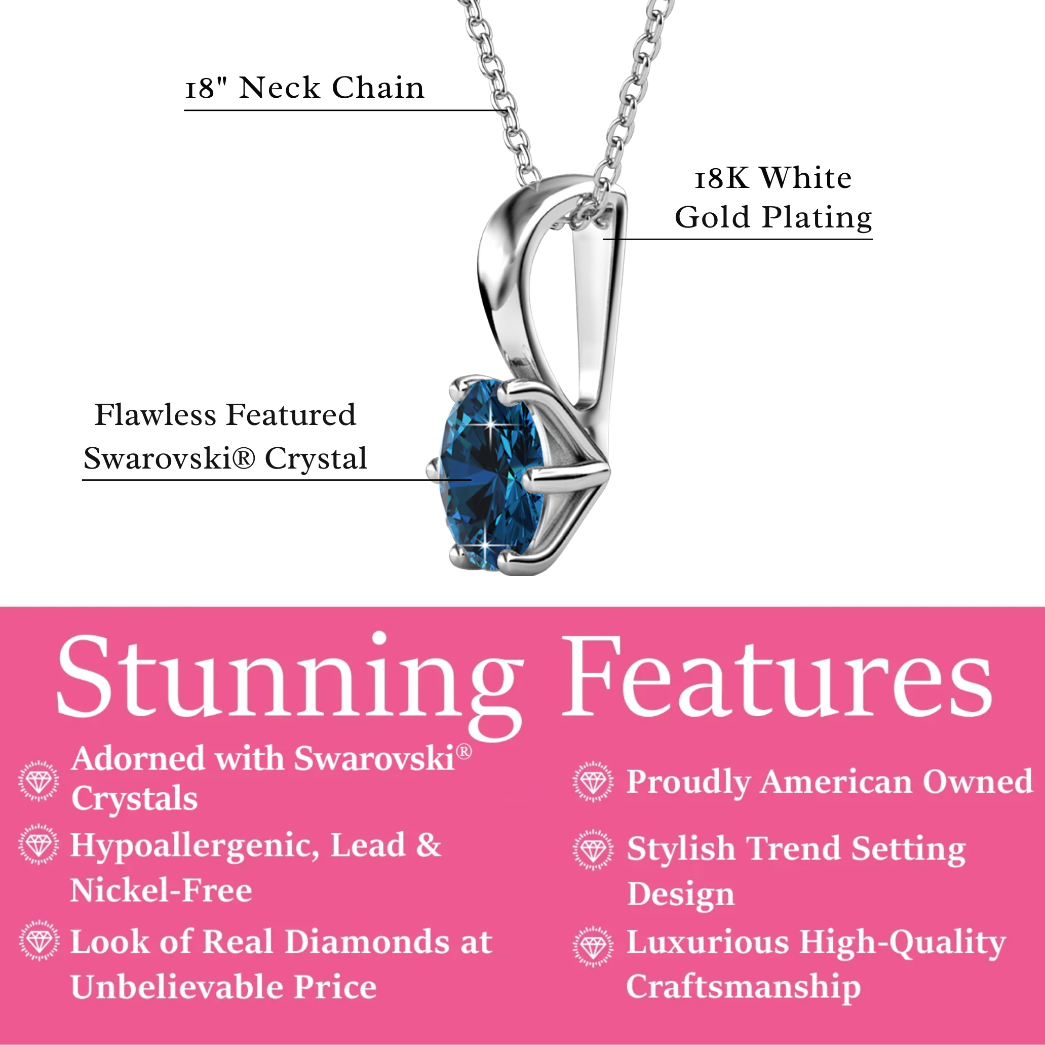 Birthstone Necklace 18k White Gold Plated Solitaire Necklace with 1ct Swarovski Crystal