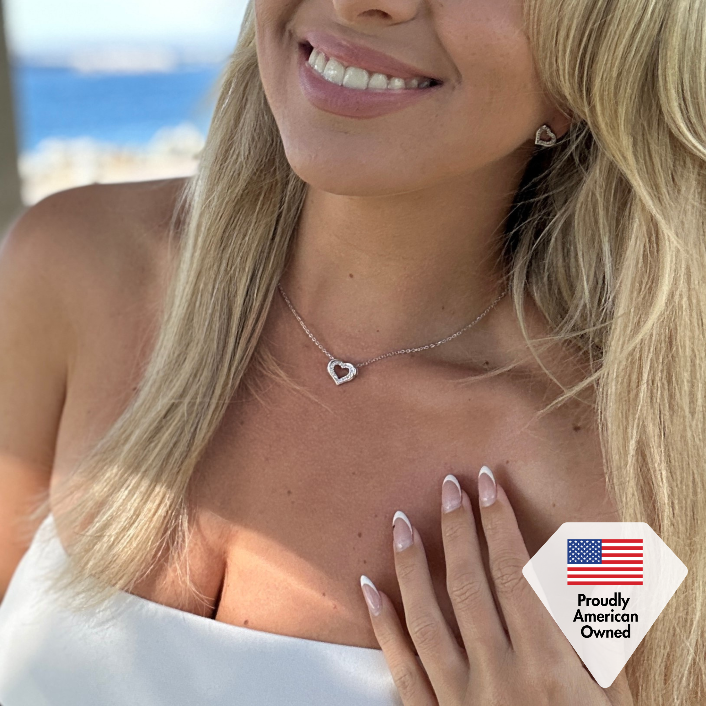 Dominique 18k White Gold Plated Silver Heart Necklace and Earring Set with Swarovski Crystals