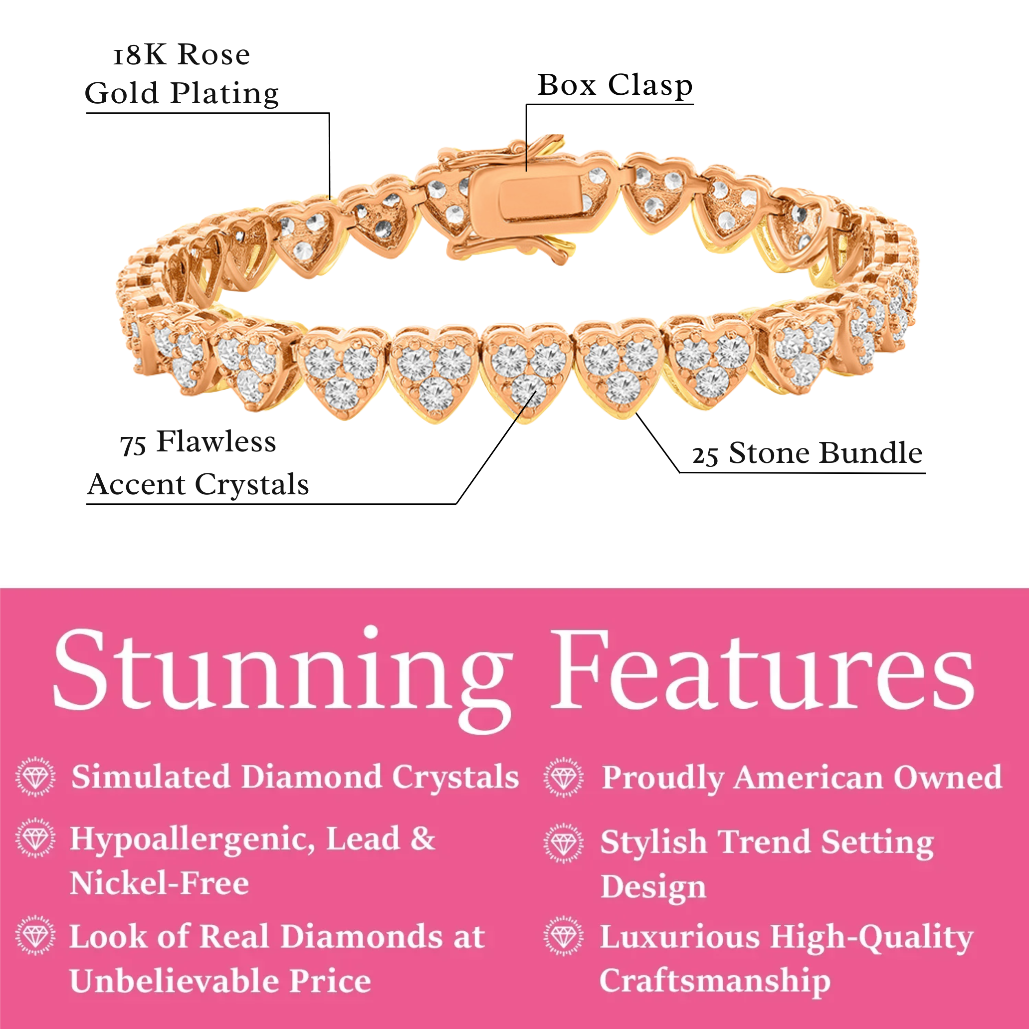 Donna 18k White Gold Plated Silver Heart Bracelet with Simulated Diamond Crystals