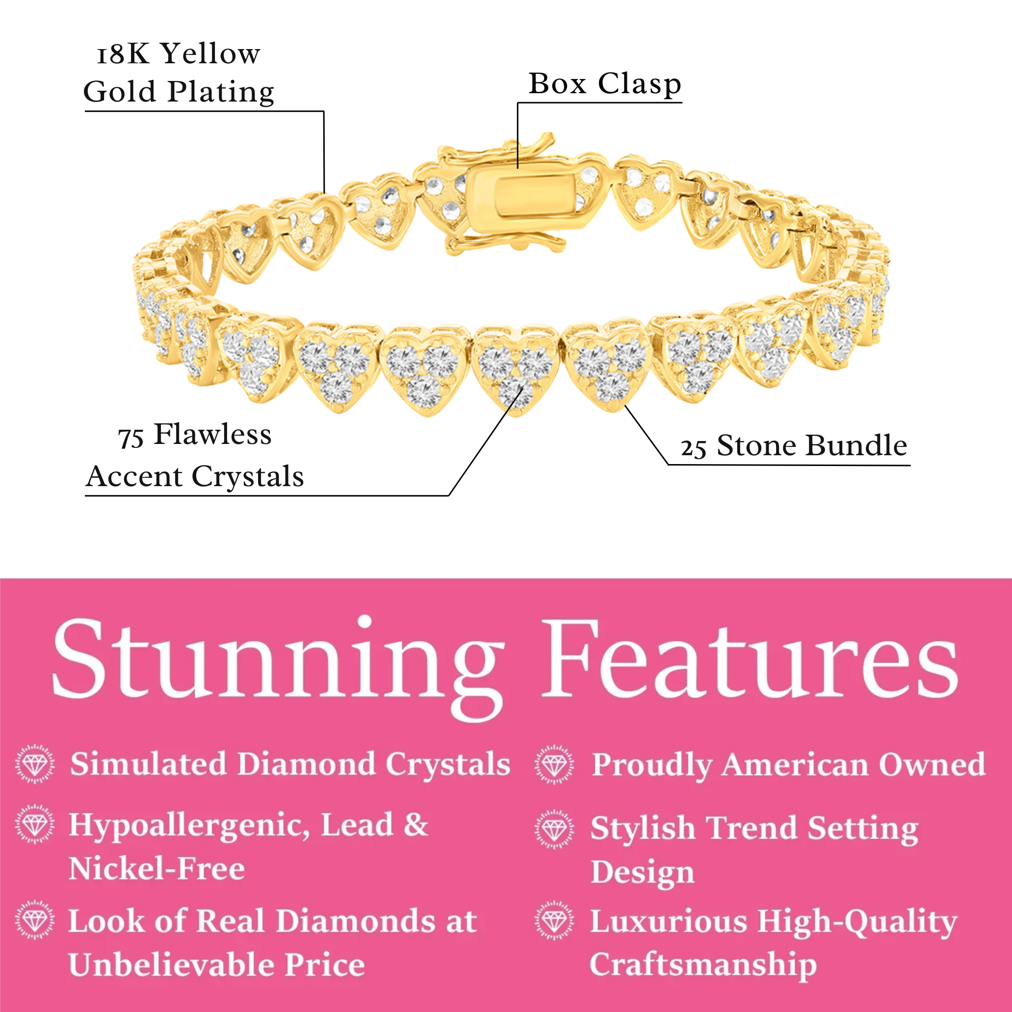 Donna 18k White Gold Plated Silver Heart Bracelet with Simulated Diamond Crystals