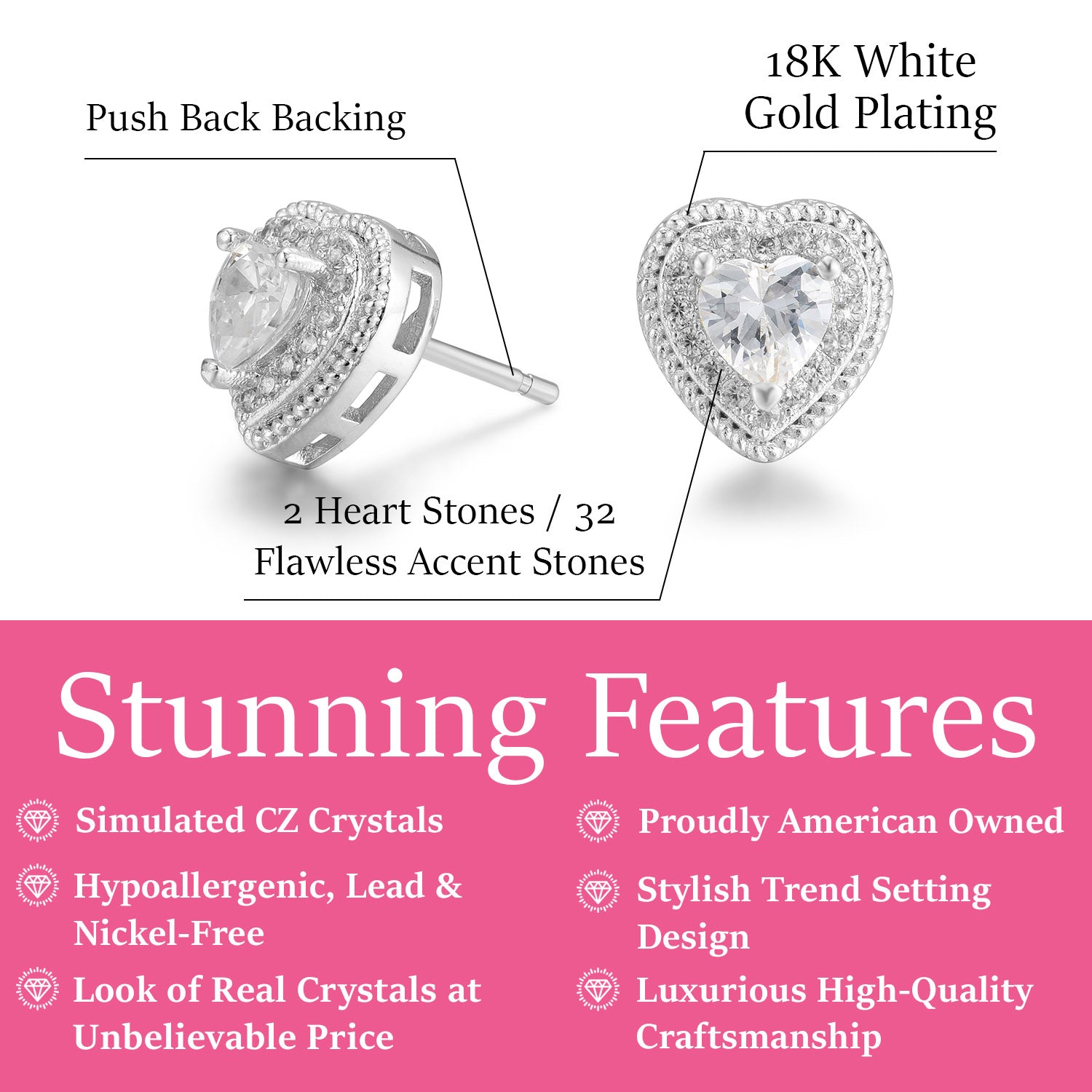 Donna 18k White Gold Plated Heart Stud Earrings with Crystals