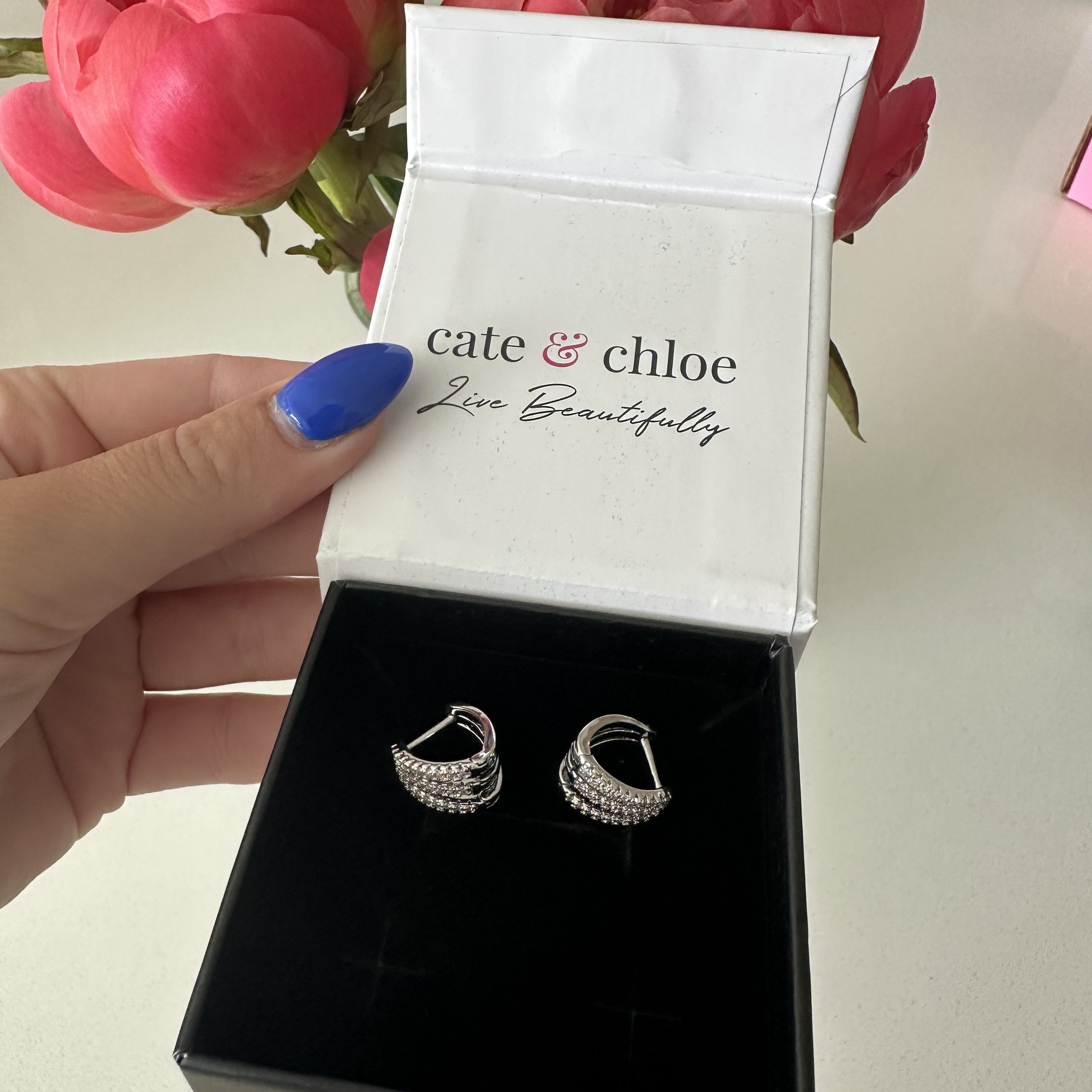 Aliyah 18k White Gold Plated 14mm Hoop Earrings with Simulated Diamond Crystals