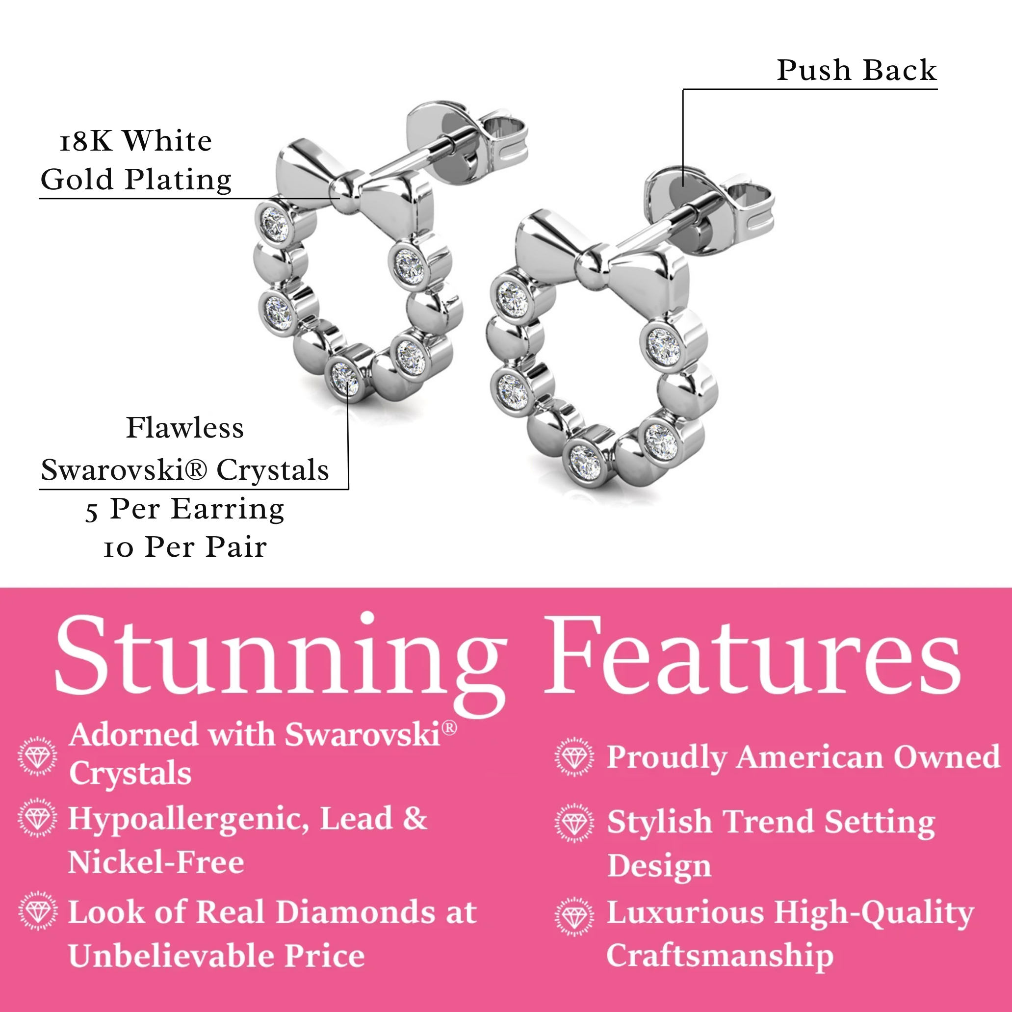 Edith 18k White Gold Plated Silver Ribbon Stud Earrings with Swarovski Crystals