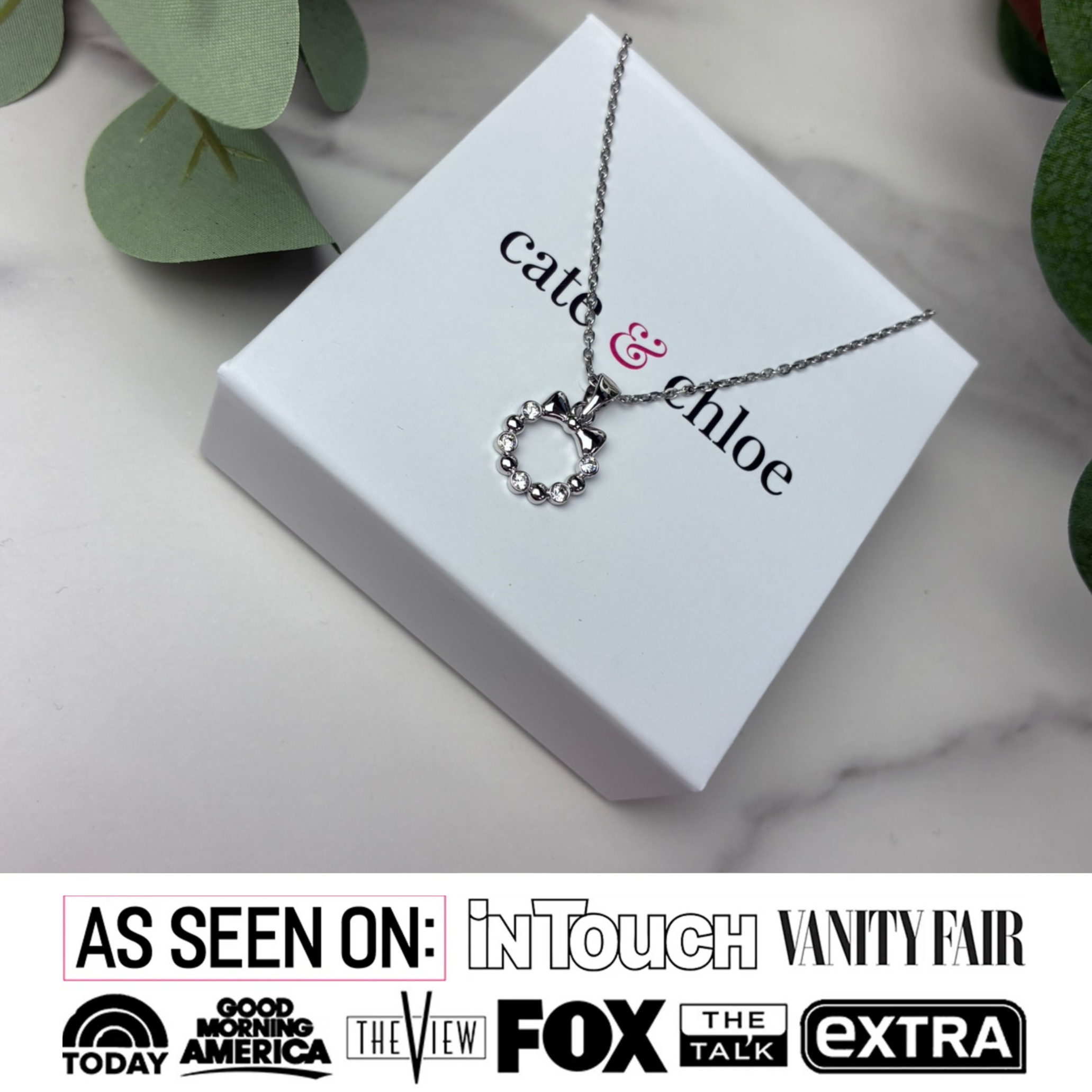 Edith 18k White Gold Plated Silver Ribbon Necklace with Swarovski Crystals