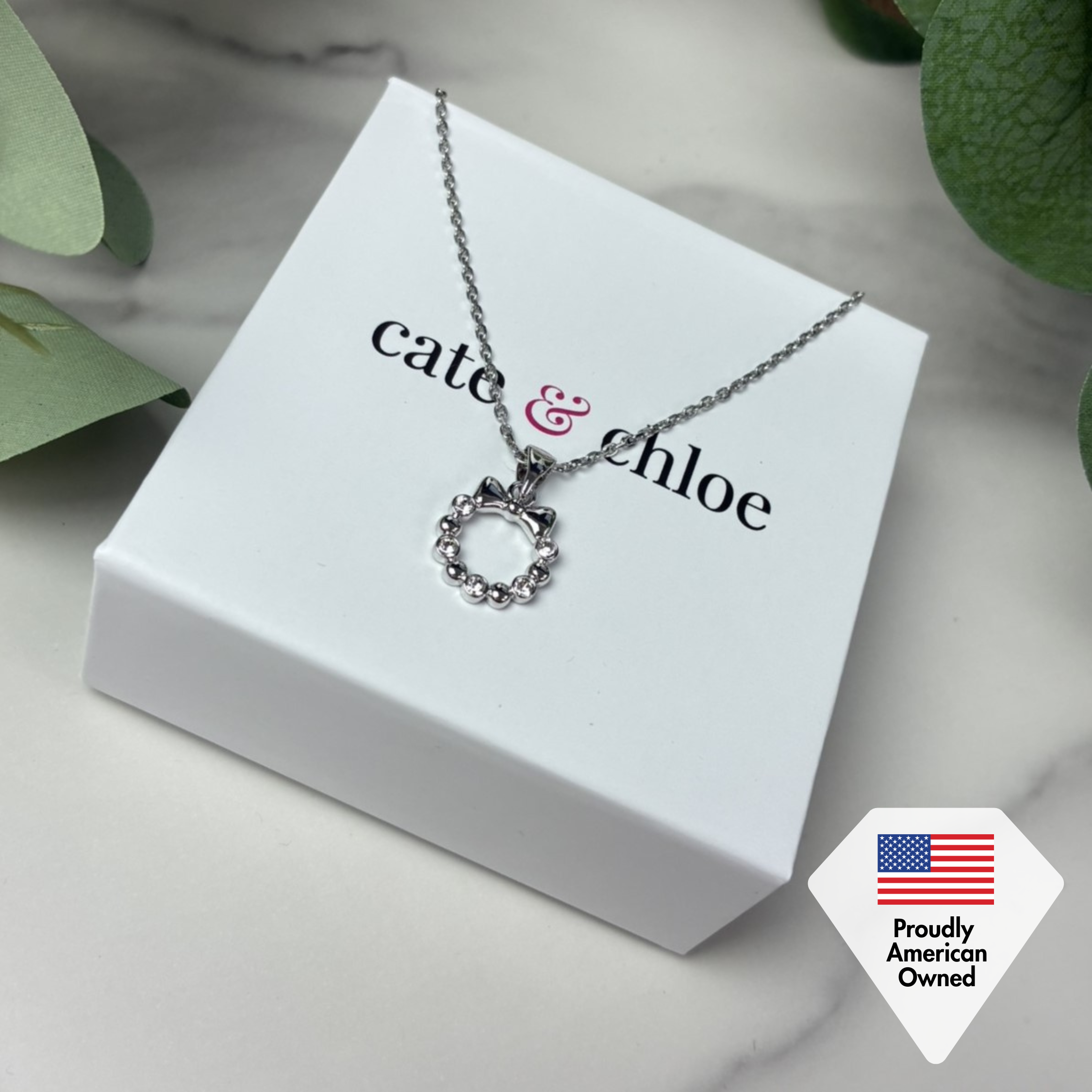 Edith 18k White Gold Plated Silver Ribbon Necklace and Earring Set with Swarovski Crystals