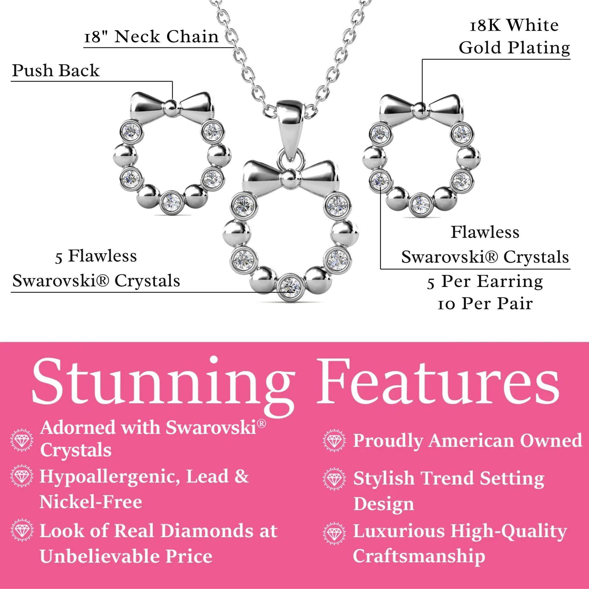 Edith 18k White Gold Plated Silver Ribbon Necklace and Earring Set with Swarovski Crystals