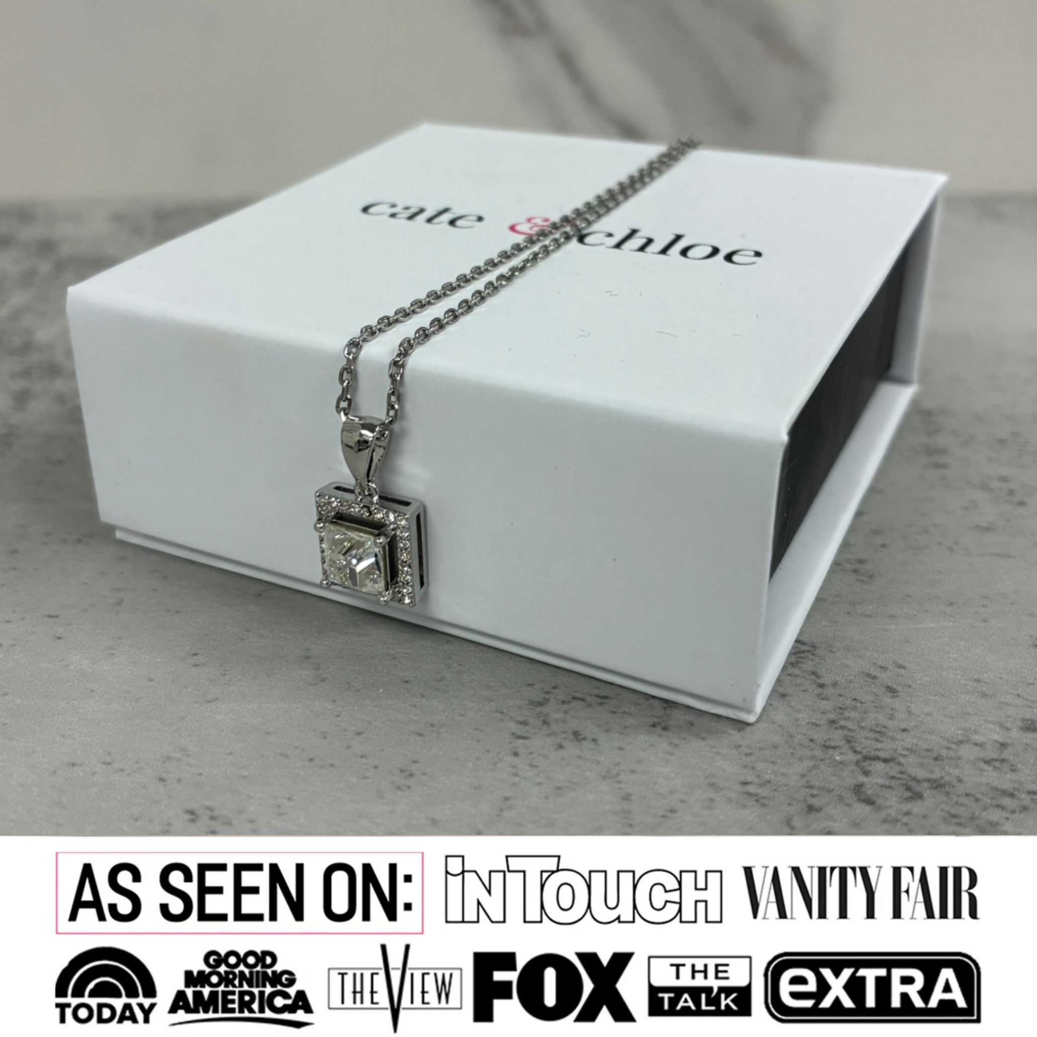 Ekatrina 18k White Gold Plated Halo Pendant Necklace with Sparkling Square Cut Swarovski Crystal