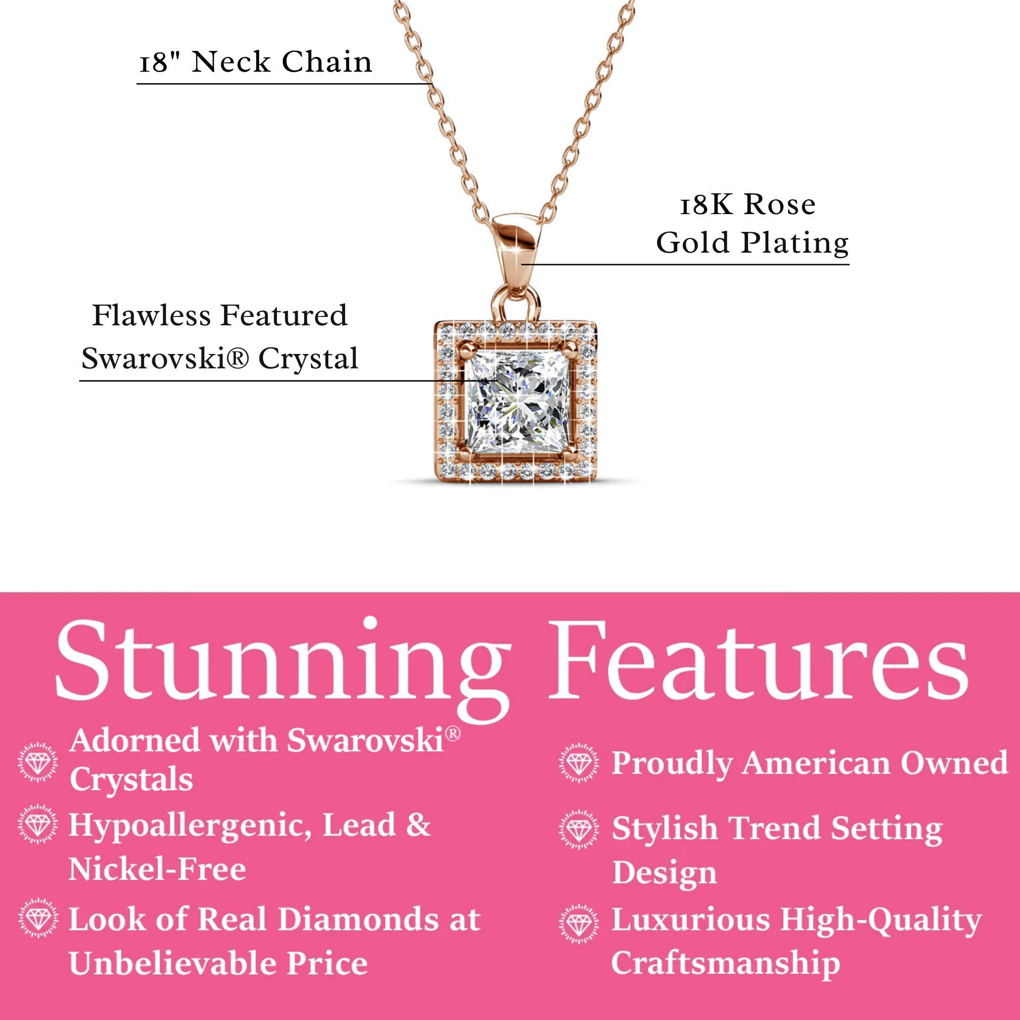 Ekatrina 18k White Gold Plated Halo Pendant Necklace with Sparkling Square Cut Swarovski Crystal
