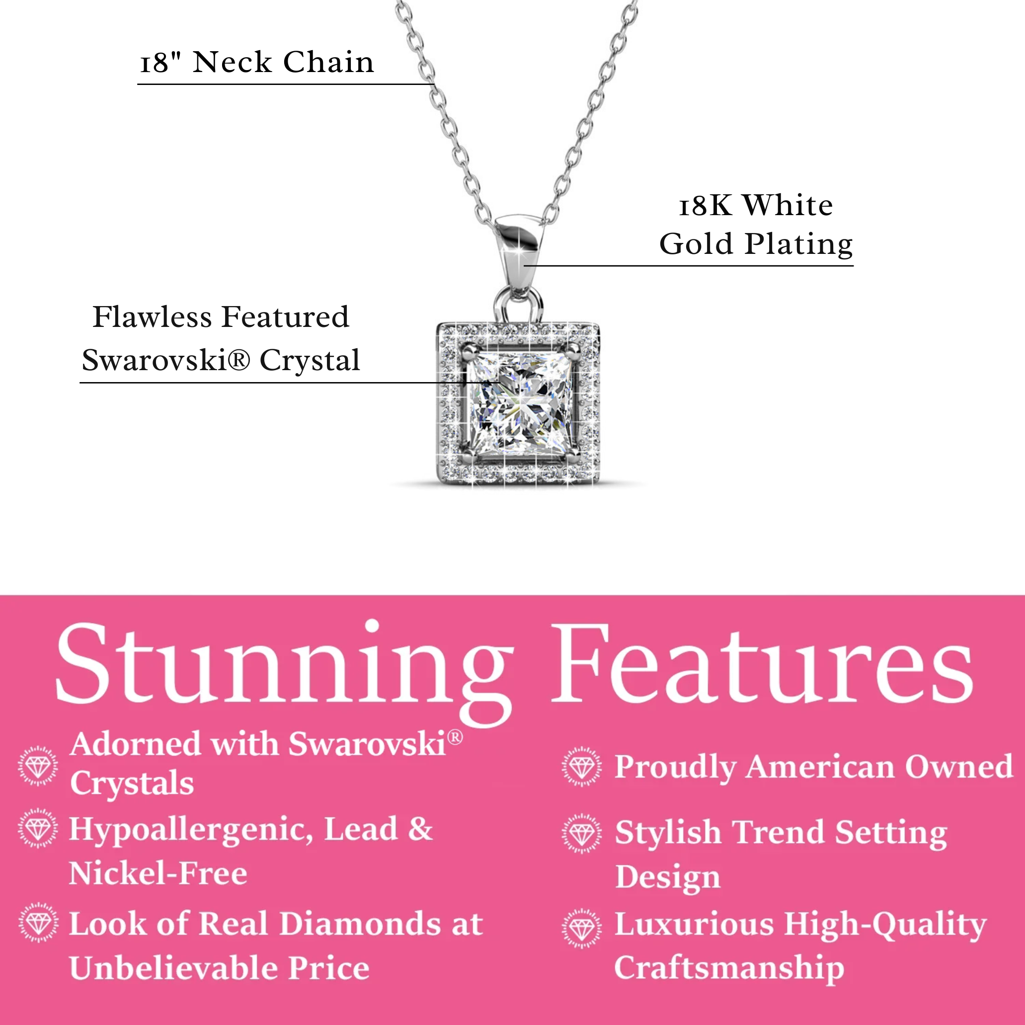 Ekatrina 18k White Gold Plated Halo Pendant Necklace with Sparkling Square Cut Swarovski Crystal