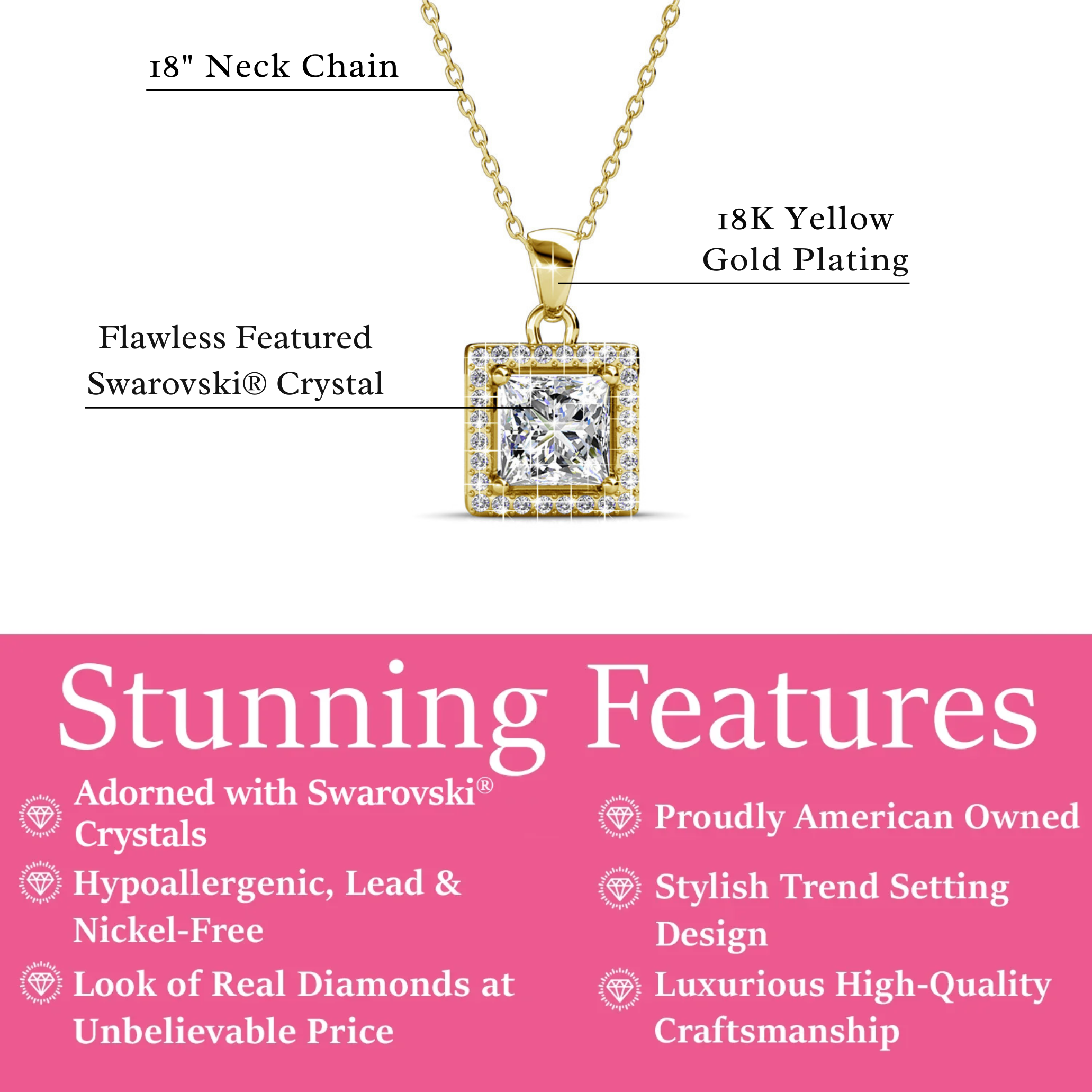 Ekatrina 18k White Gold Plated Halo Pendant Necklace with Sparkling Square Cut Swarovski Crystal